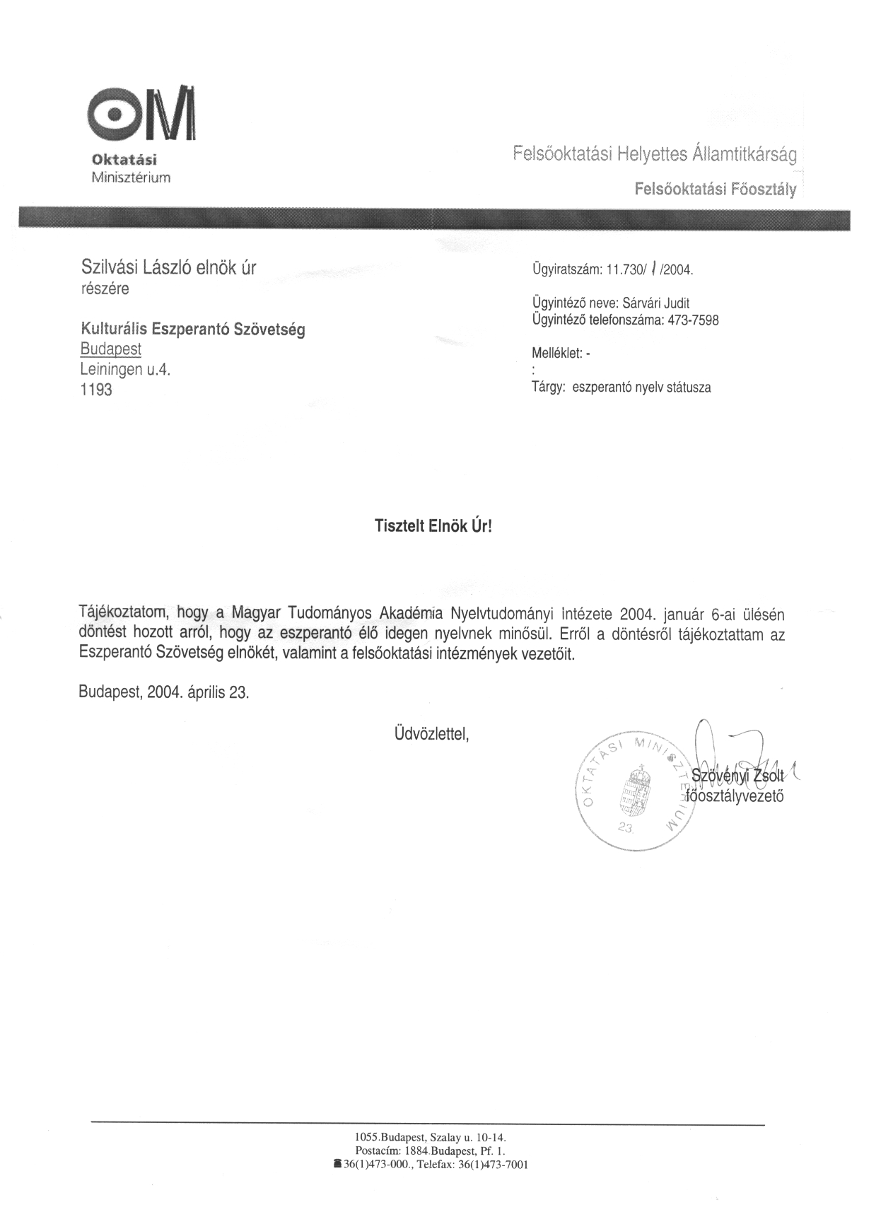 Az OM llsfoglalsa az Eszperant l nyelv jellegrl