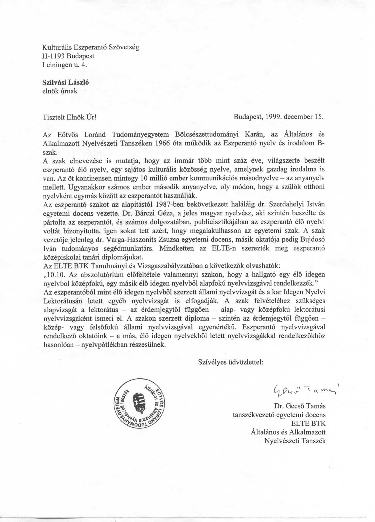 Az ELTE llsfoglalsa az Eszperant l nyelv jellegrl