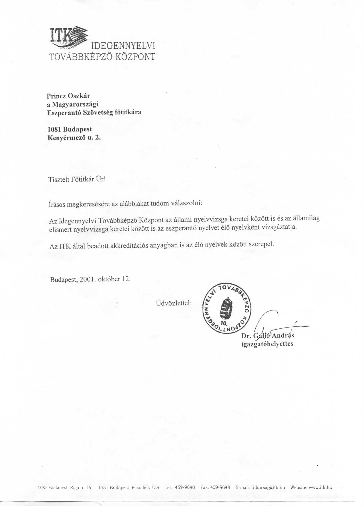 Az ITK (Rig utca) deklarcija az eszperant l nyelv jellegrl